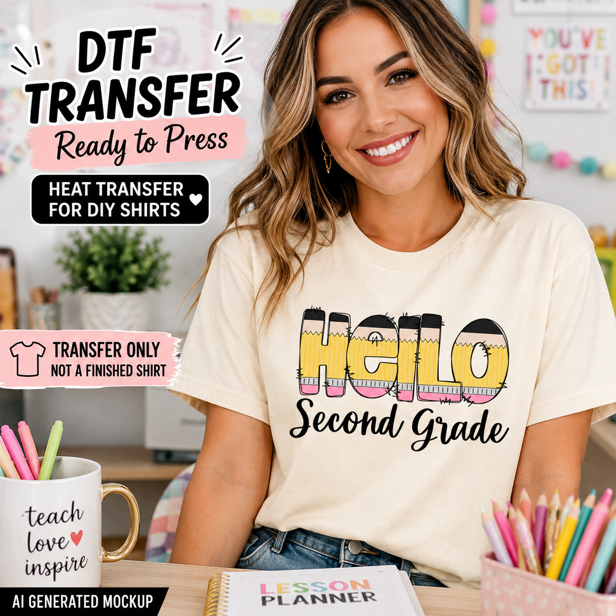Woman wearing a 'Hello Second Grade' t-shirt with classroom items in the background