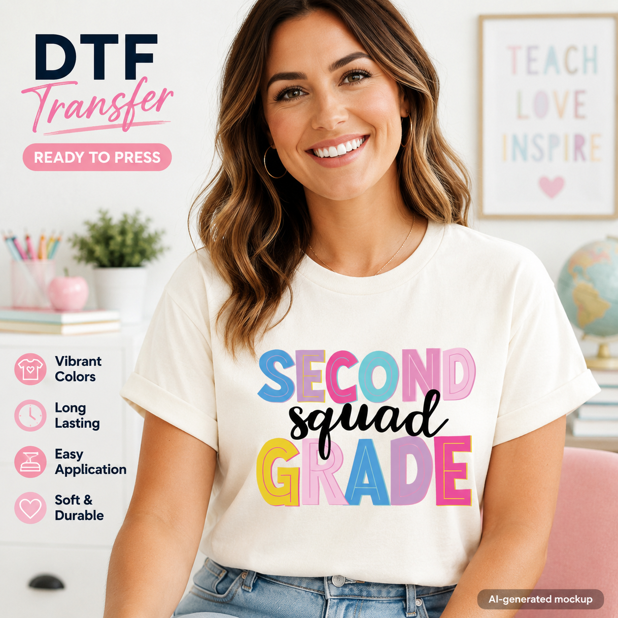 Woman wearing a white t-shirt with colorful text 'Second Grade Squad' in a classroom setting, featuring DTF transfer technology.