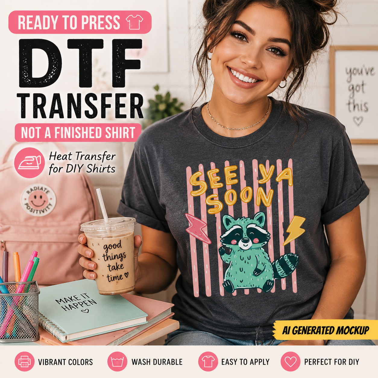 Woman wearing a t-shirt with a raccoon graphic and text, holding a cup with text, with promotional text about DTF transfers.