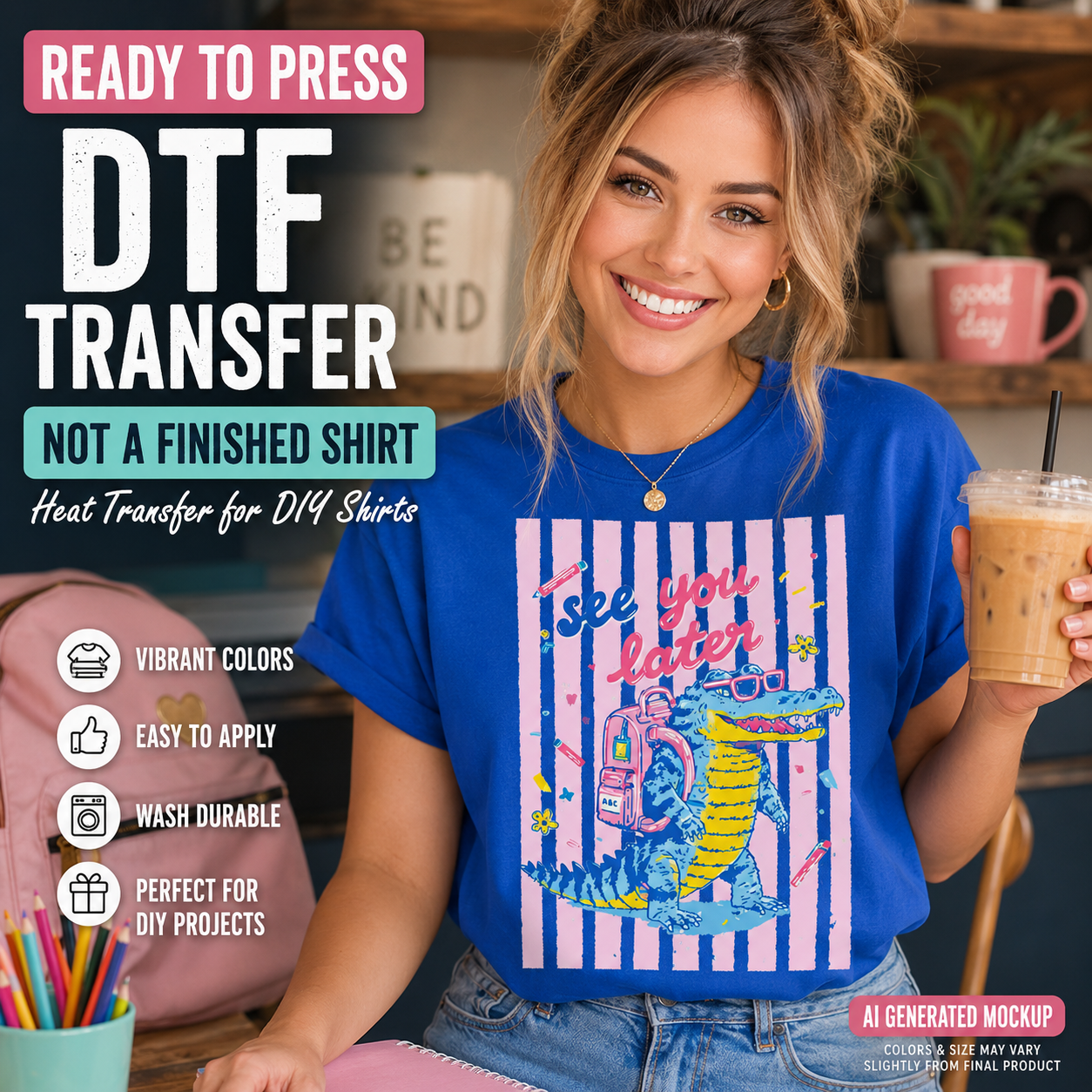 woman wearing a See you later alligator DTF transfer shirt with cute backpack alligator design, ready to press heat transfer for DIY school shirts