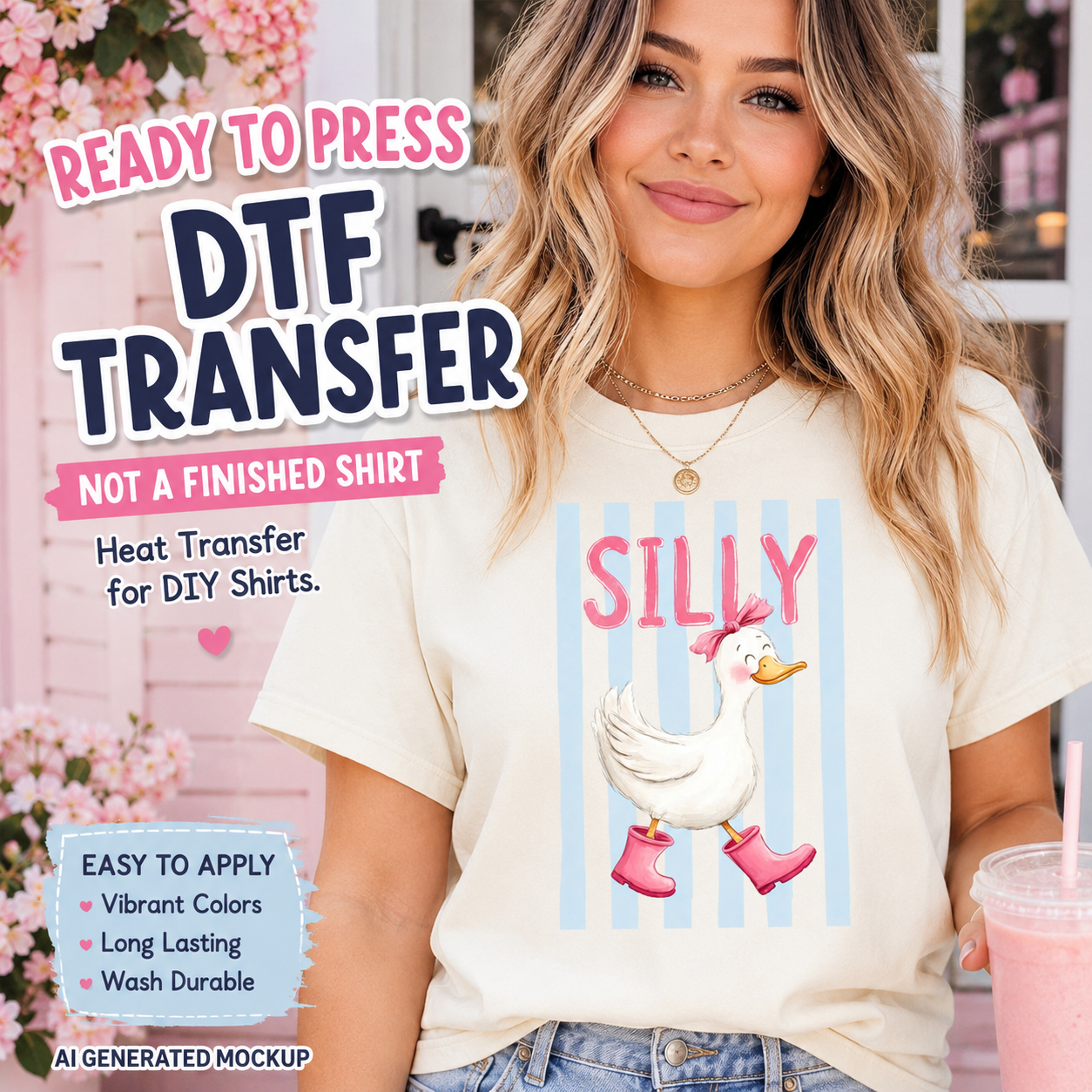 Woman wearing Silly goose DTF transfer shirt with cute duck boots and pink bow design, ready to press heat transfer for DIY animal shirts