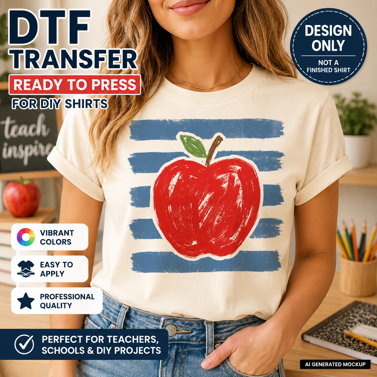 T-shirt with a red apple design on a white background, featuring text about DTF transfers.