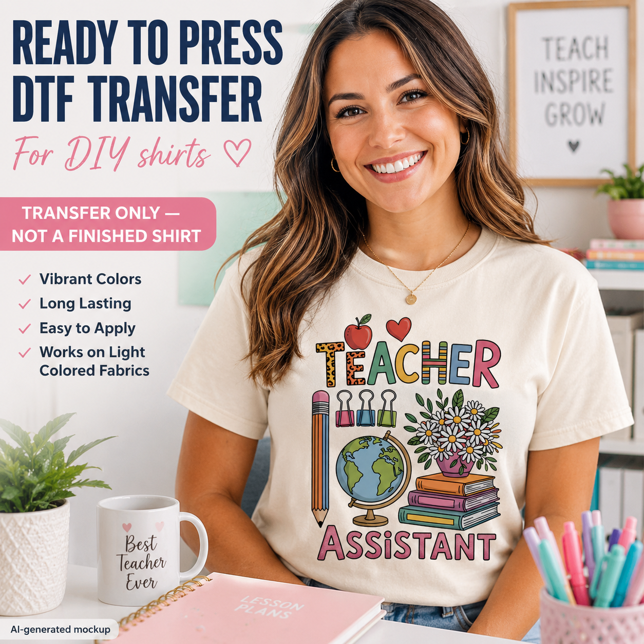 Woman wearing a 'Teacher Assistant' t-shirt with promotional text about DTF transfers.