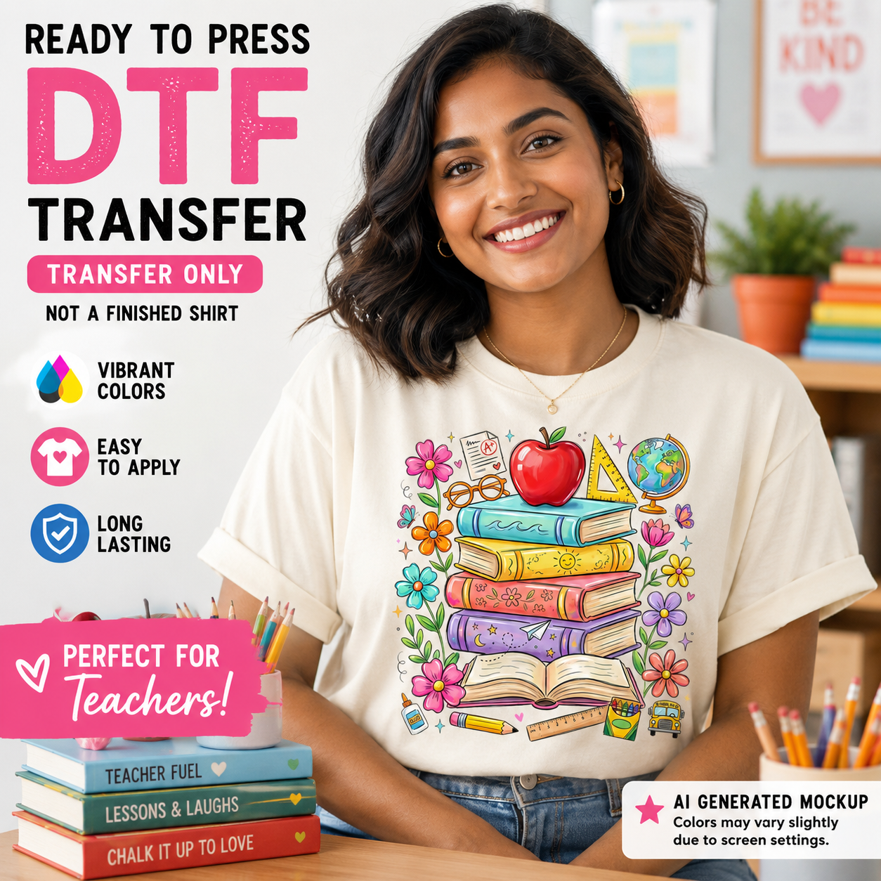 Woman wearing a t-shirt with educational design, surrounded by books and stationery, with promotional text about DTF transfers.