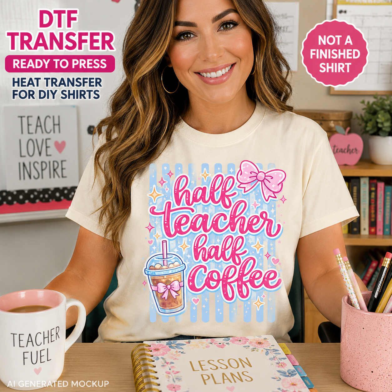 Person wearing a t-shirt with 'half teacher half coffee' design, sitting at a desk with teaching materials.