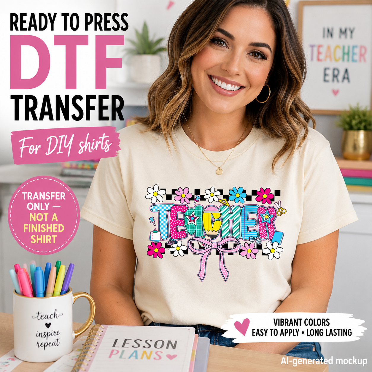 Woman wearing a t-shirt with 'TEACHER' design, surrounded by DTF transfer materials and promotional text.
