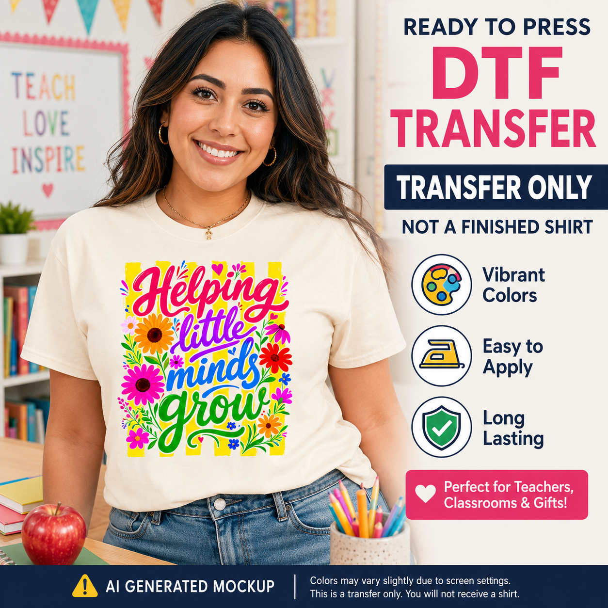Woman wearing a t-shirt with 'Helping little minds grow' design, surrounded by educational items.