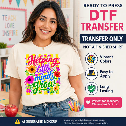 Woman wearing a t-shirt with 'Helping little minds grow' design, surrounded by educational items.