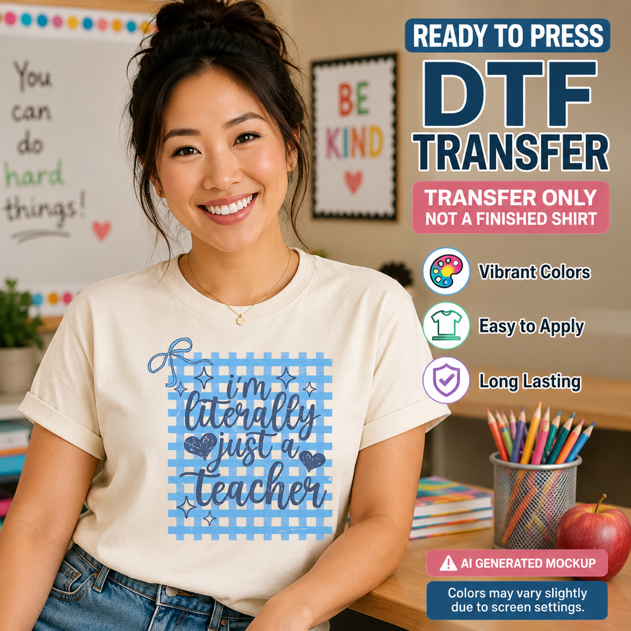 Person wearing a t-shirt with a DTF transfer design  with text " I'm literally just a teacher" in a classroom setting