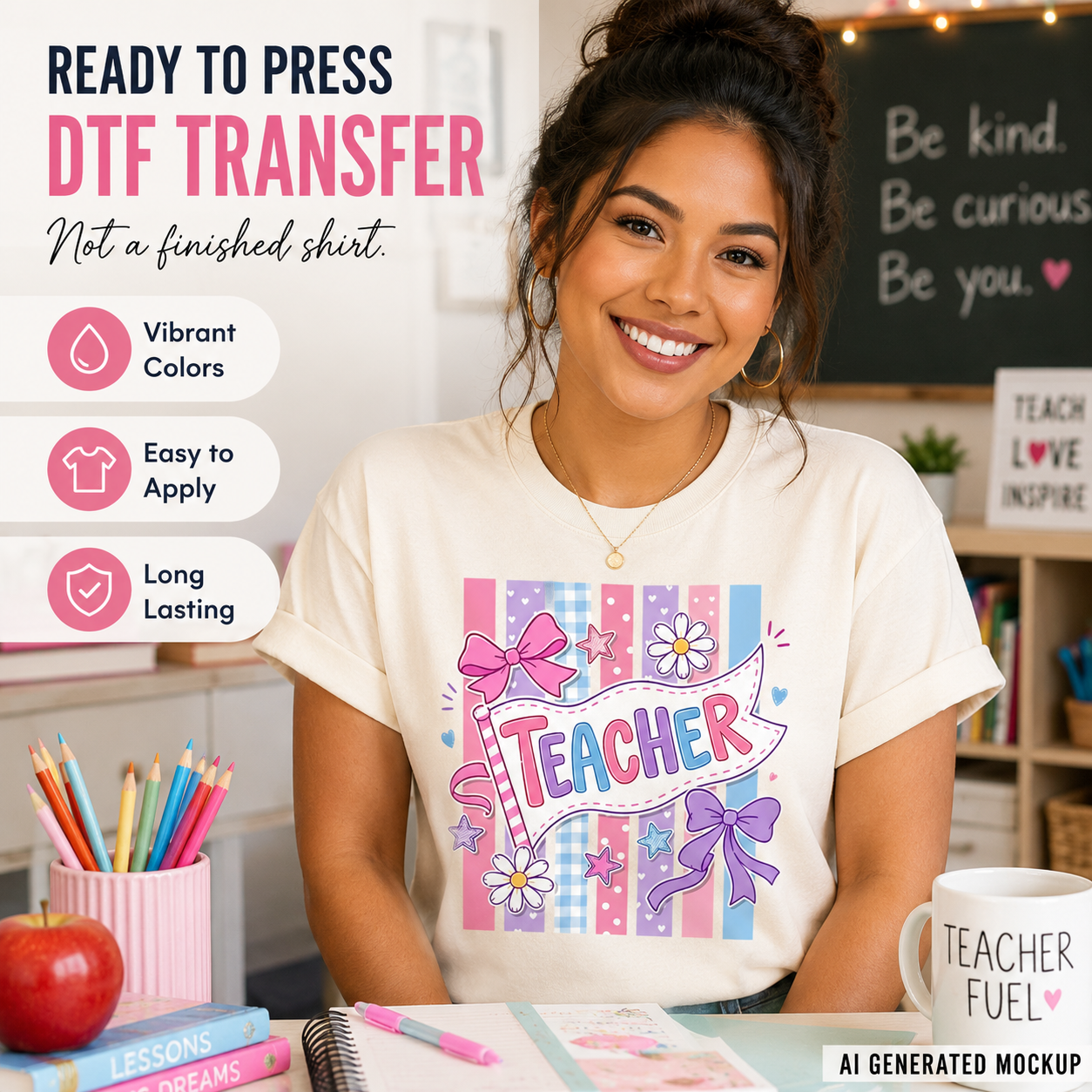 Woman wearing a 'Teacher' themed t-shirt with DTF transfer design in a classroom setting.