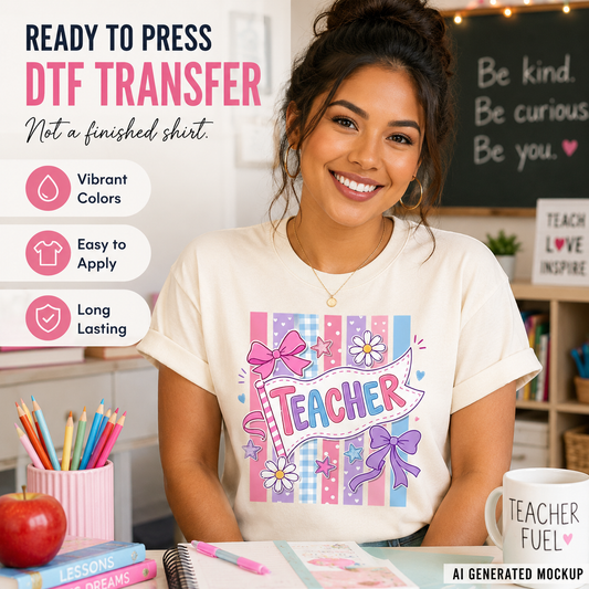 Woman wearing a 'Teacher' themed t-shirt with DTF transfer design in a classroom setting.