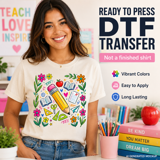 Woman wearing a t-shirt with a colorful design, surrounded by educational items and text about DTF transfers.
