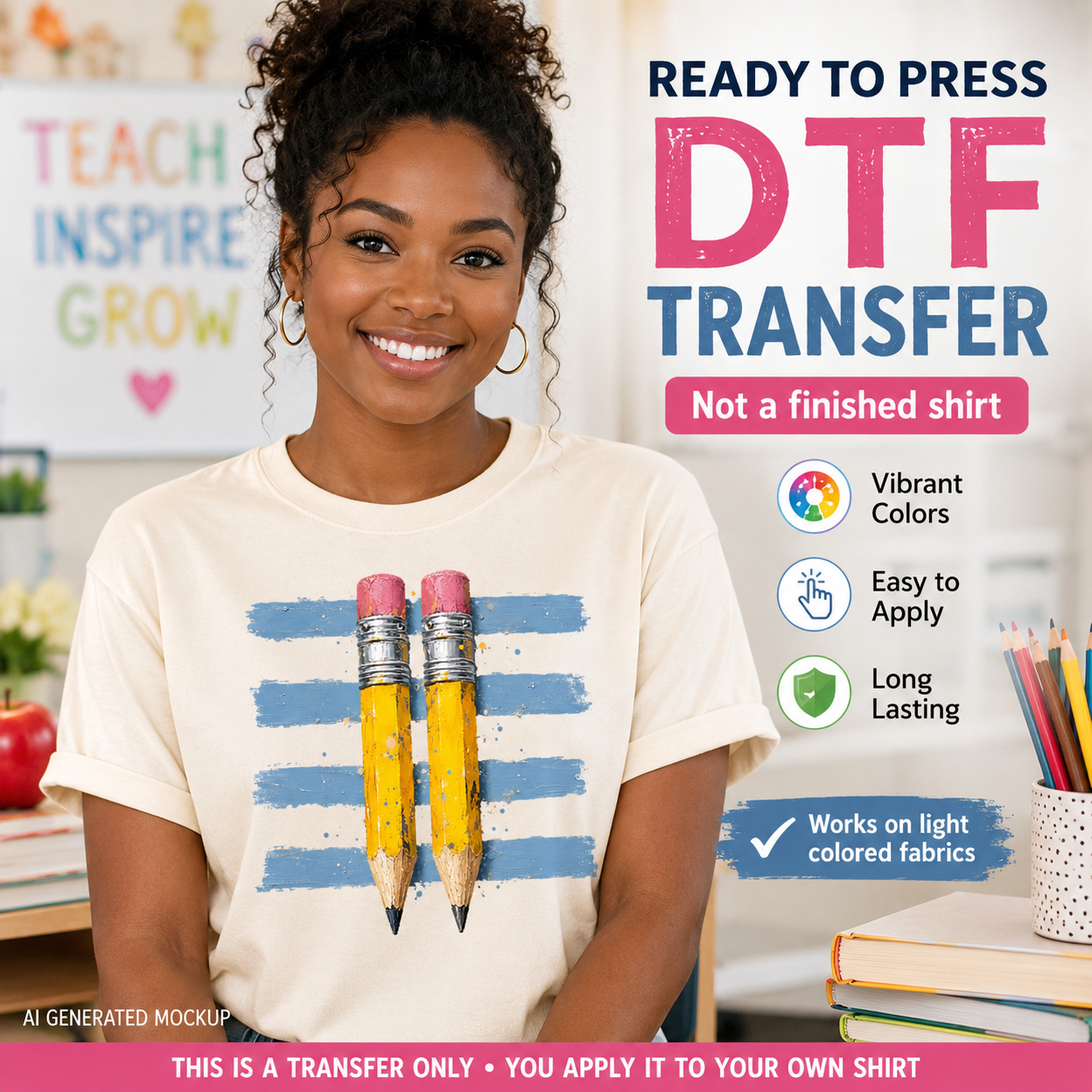 Woman wearing a t-shirt with a DTF transfer design of pencils in a classroom setting