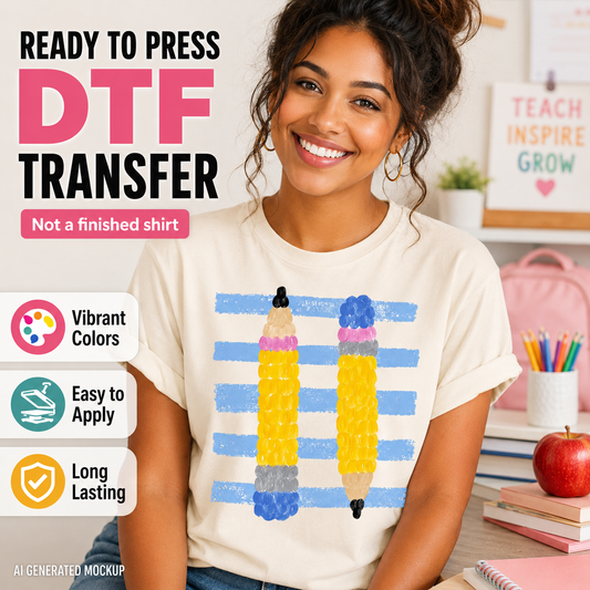 Woman wearing a t-shirt with a pixelated pencil design, surrounded by educational items.