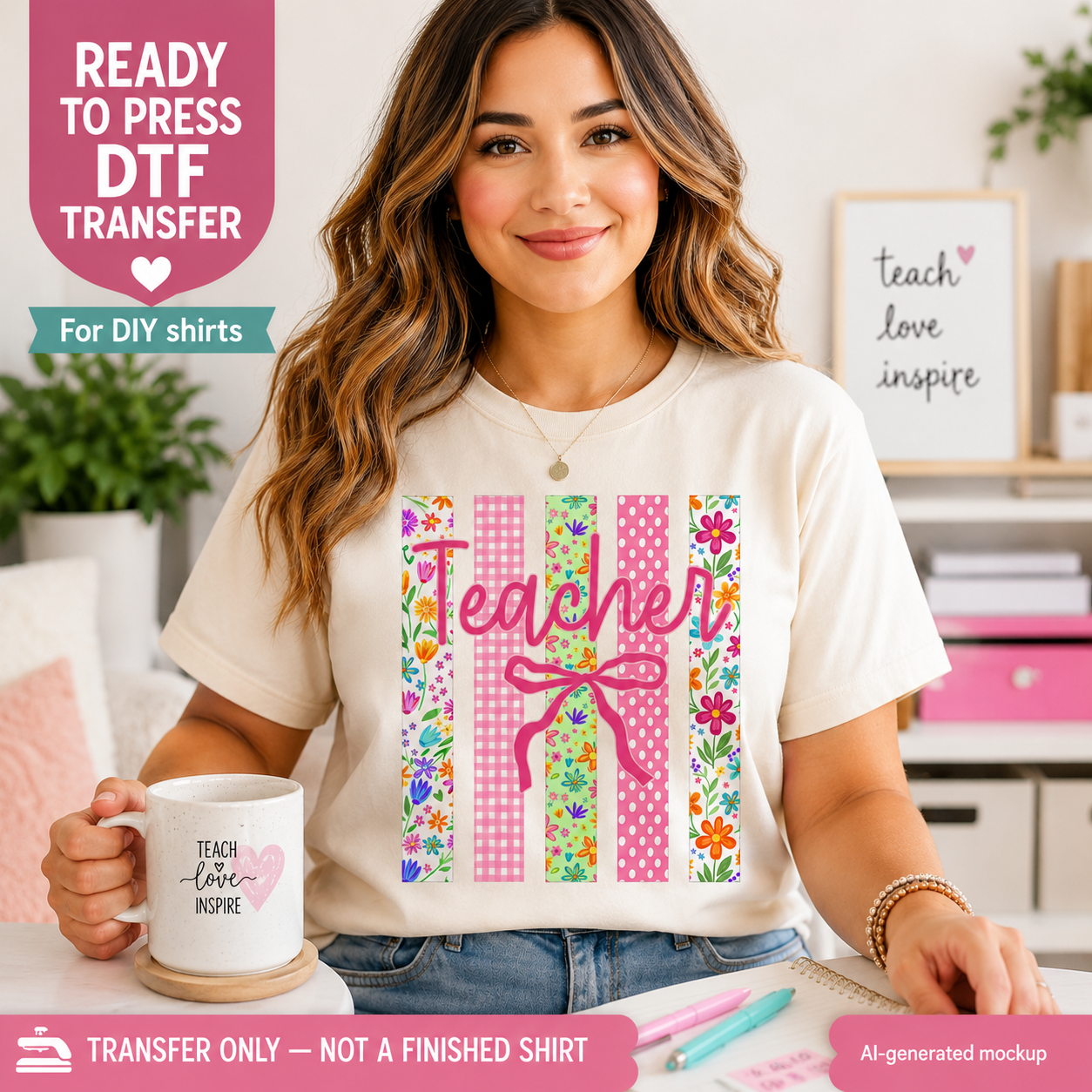 Woman wearing a 'Teacher' themed t-shirt with decorative elements, holding a mug in a classroom setting.