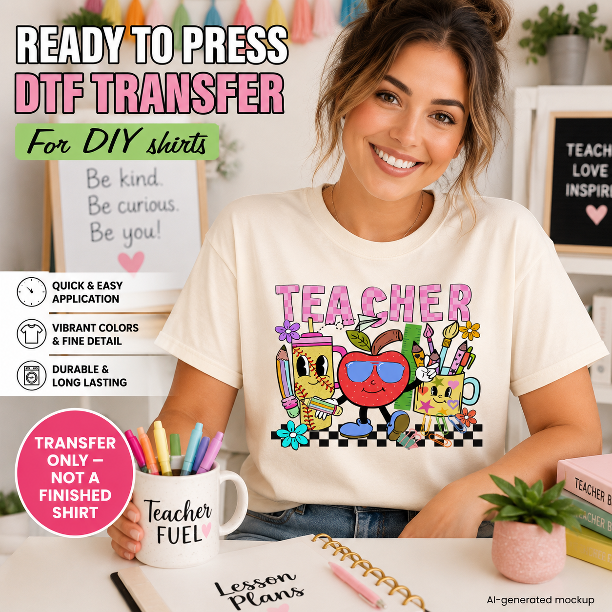 Woman wearing a 'Teacher' themed t-shirt with colorful graphics, holding a mug labeled 'Teacher Fuel', in a classroom setting.