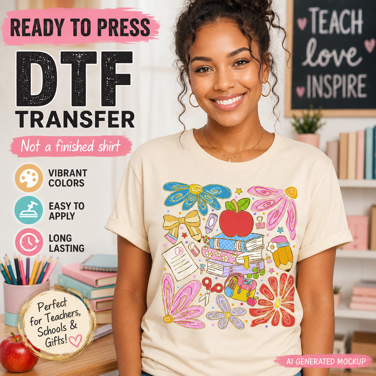 Woman wearing a t-shirt with educational graphics and text about DTF transfers.