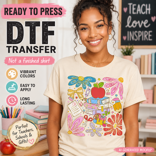 Woman wearing a t-shirt with educational graphics and text about DTF transfers.