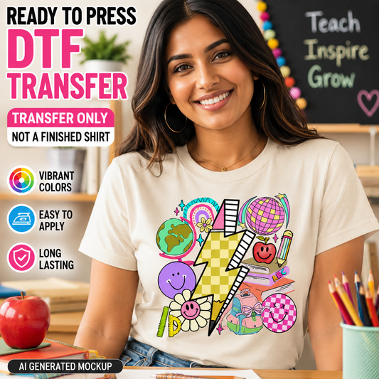 Woman wearing a t-shirt with colorful graphics in a classroom setting, promoting DTF transfer products.