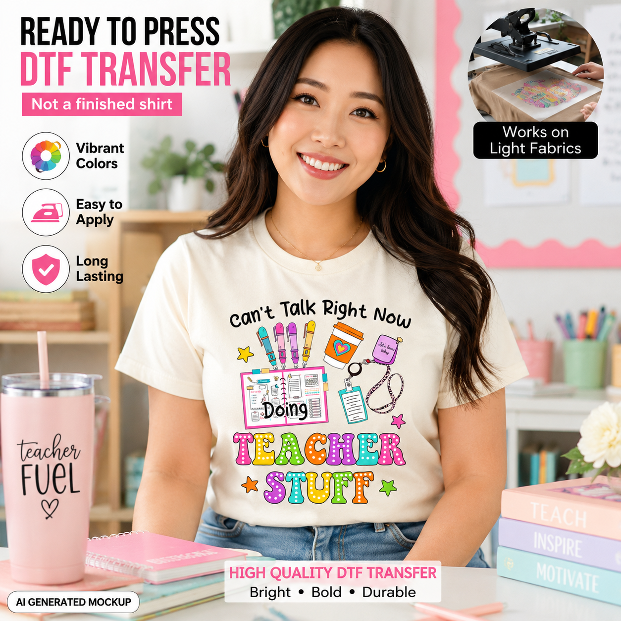 Woman wearing a t-shirt with colorful text and graphics, surrounded by stationery items.