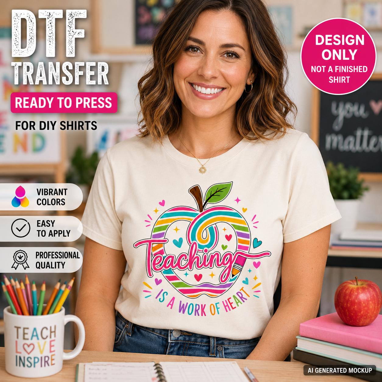 Woman wearing a t-shirt with a colorful 'Teaching is a Work of Heart' design in an educational setting.