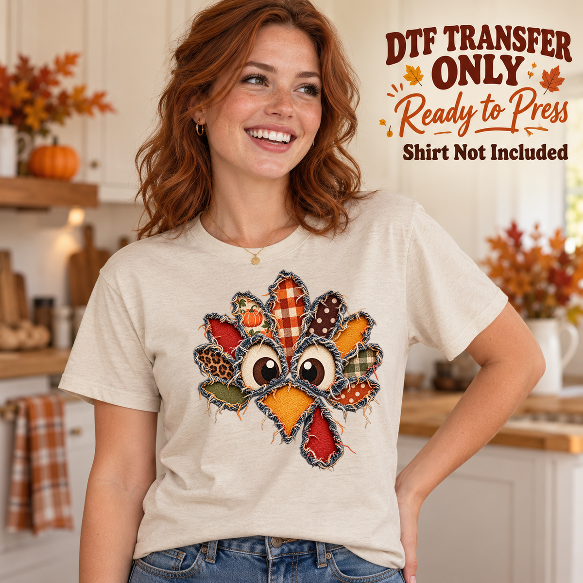 Thanksgiving Patchwork Turkey Face design shown on a cream shirt worn by a model; DTF transfer only, shirt not included.