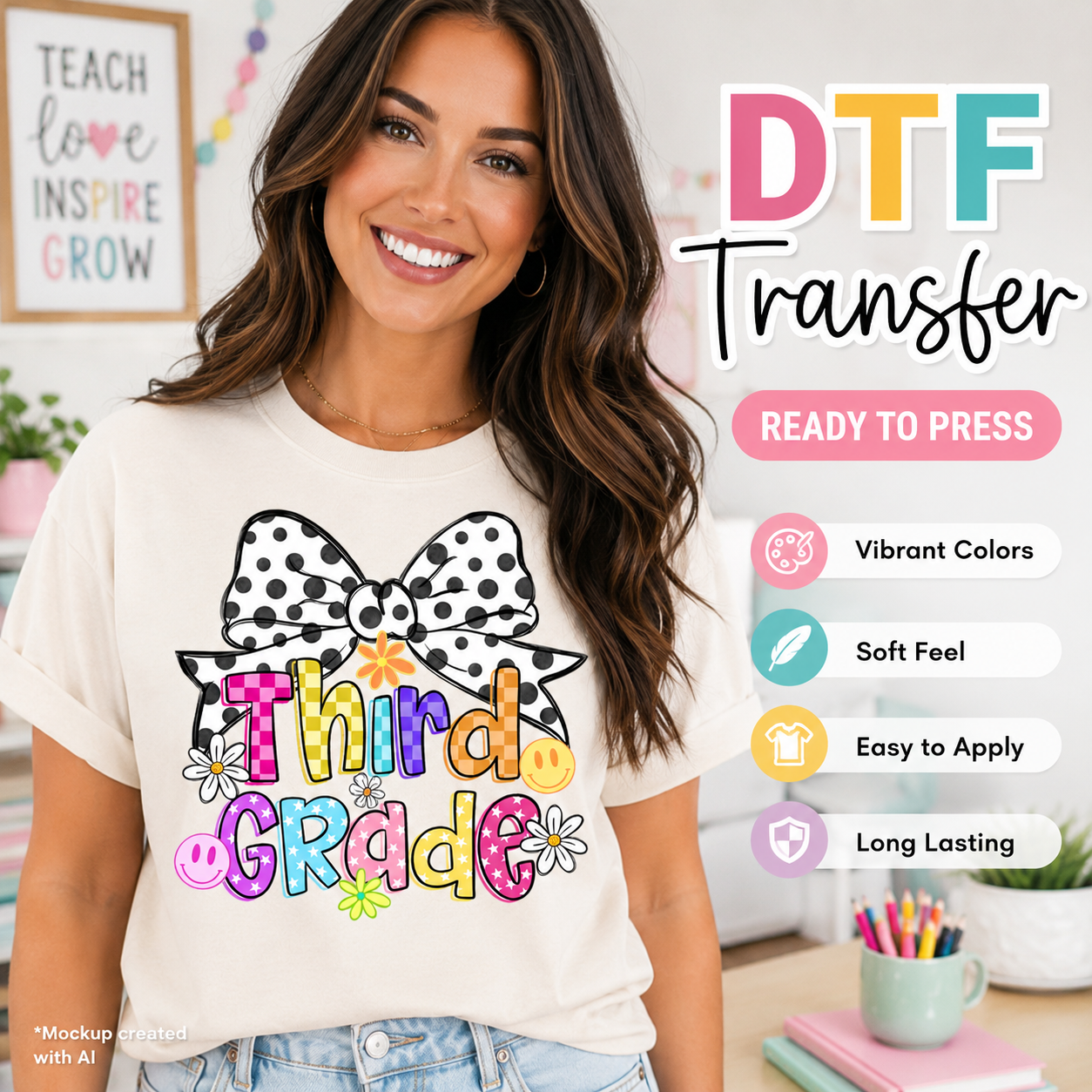 Woman wearing a t-shirt with 'Third Grade' design and DTF transfer details.
