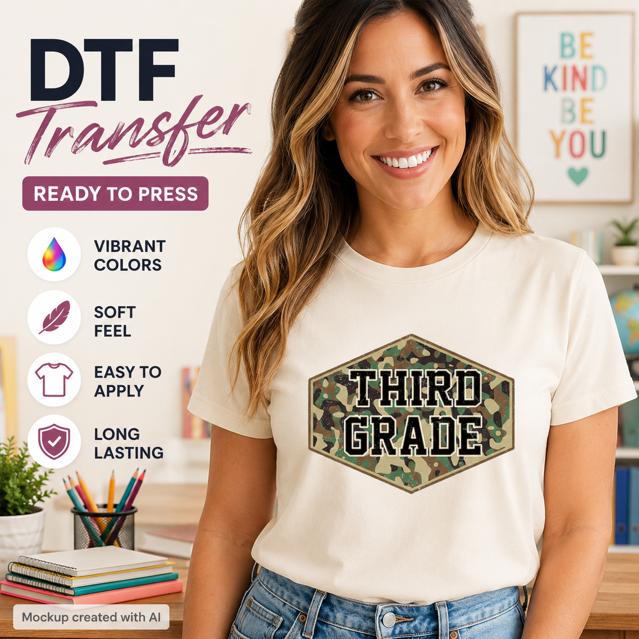 Woman wearing a white t-shirt with 'Third Grade' design, surrounded by educational items.