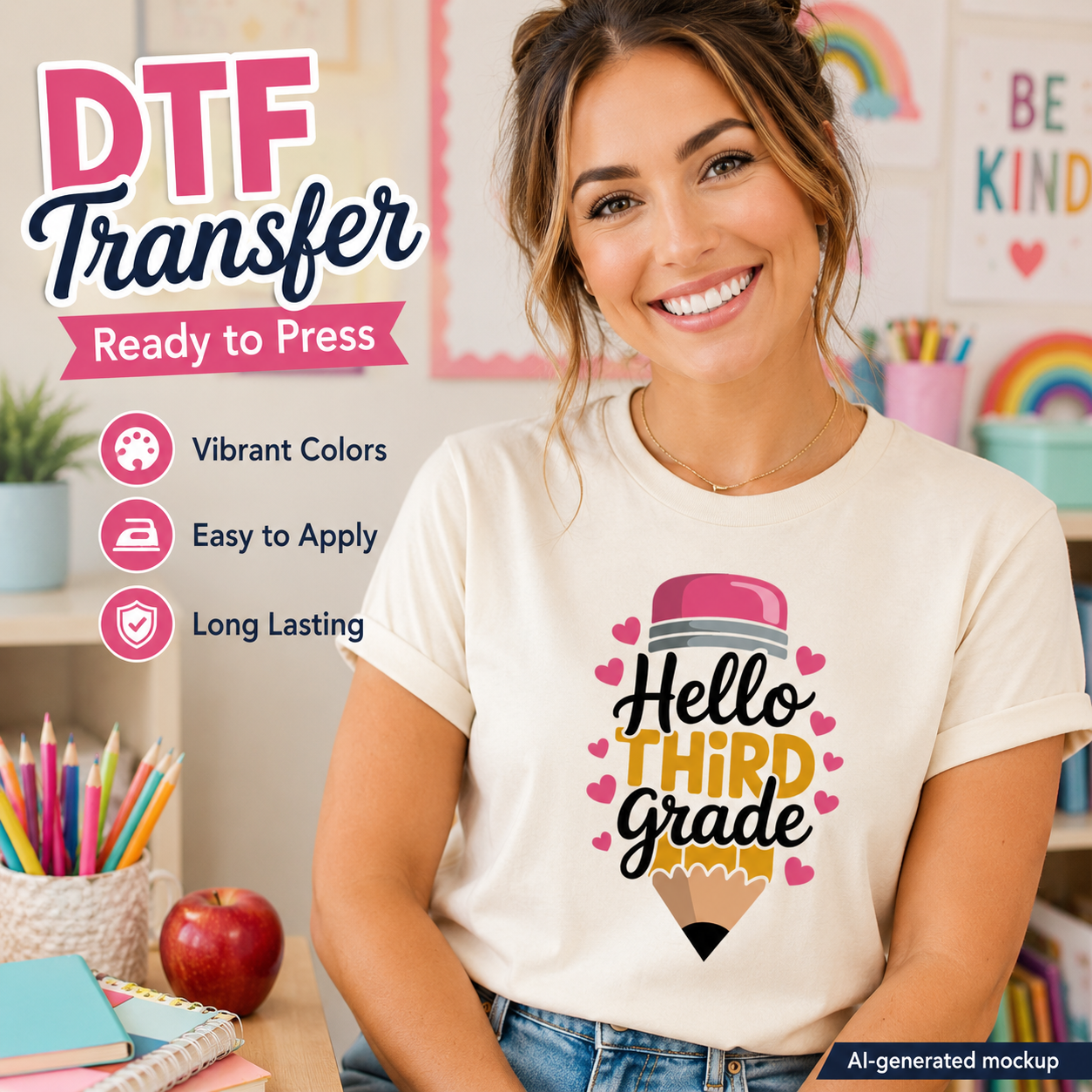 Woman wearing a 'Hello Third Grade' t-shirt with DTF transfer text and product features.