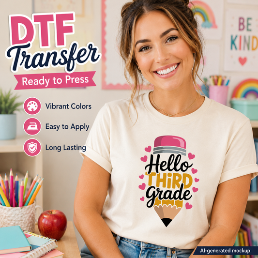 Woman wearing a 'Hello Third Grade' t-shirt with DTF transfer text and product features.