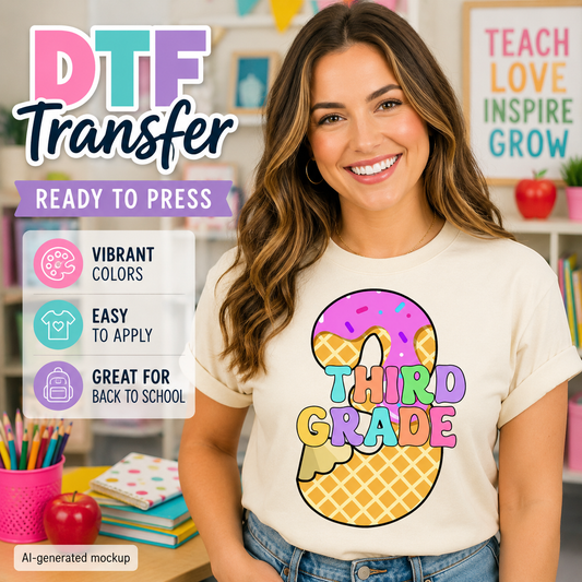 Woman wearing a t-shirt with 'Third Grade' design, classroom background