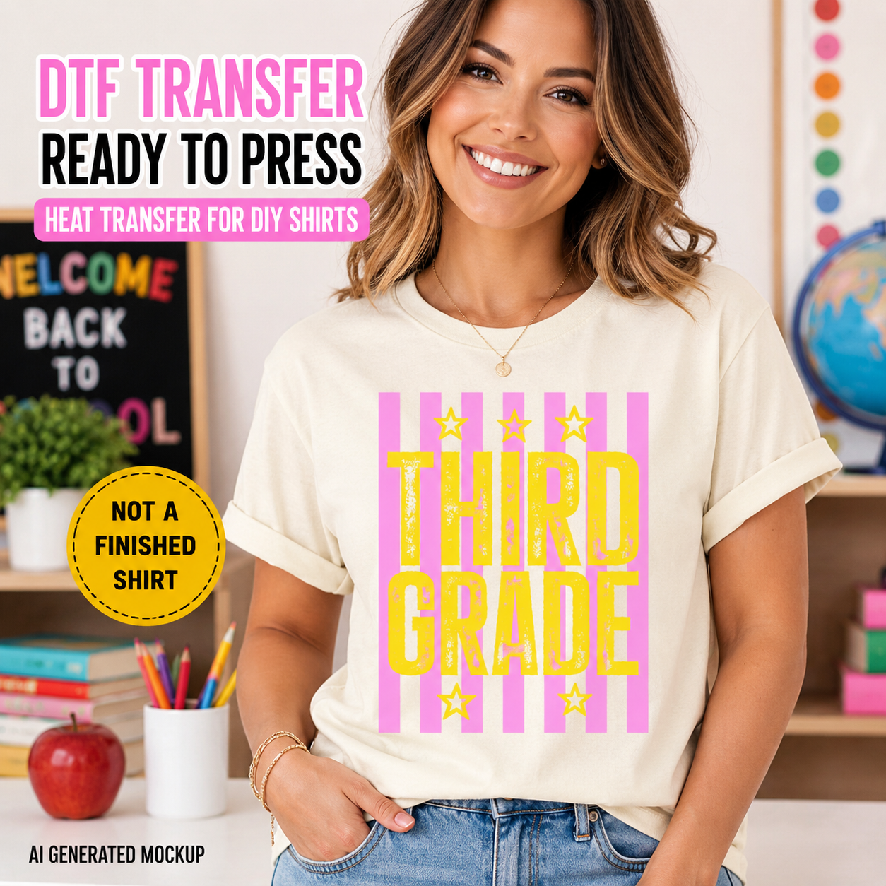 Woman wearing a 'Third Grade' t-shirt with classroom decor in the background