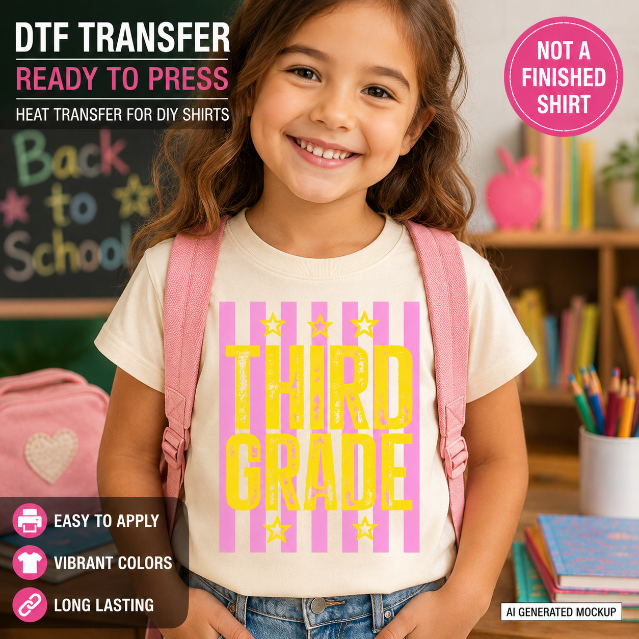 Child wearing a 'Third Grade' t-shirt with promotional text about DTF transfers.