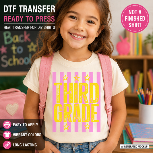 Child wearing a 'Third Grade' t-shirt with promotional text about DTF transfers.