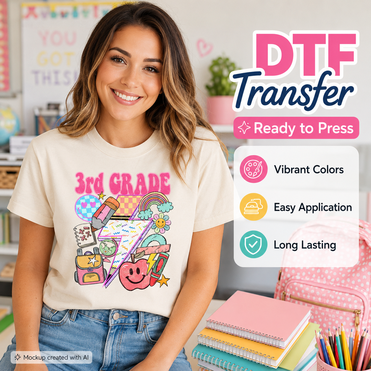 Woman wearing a t-shirt with '3rd Grade' design, surrounded by school supplies.