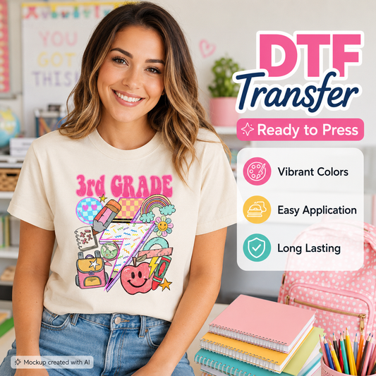 Woman wearing a t-shirt with '3rd Grade' design, surrounded by school supplies.