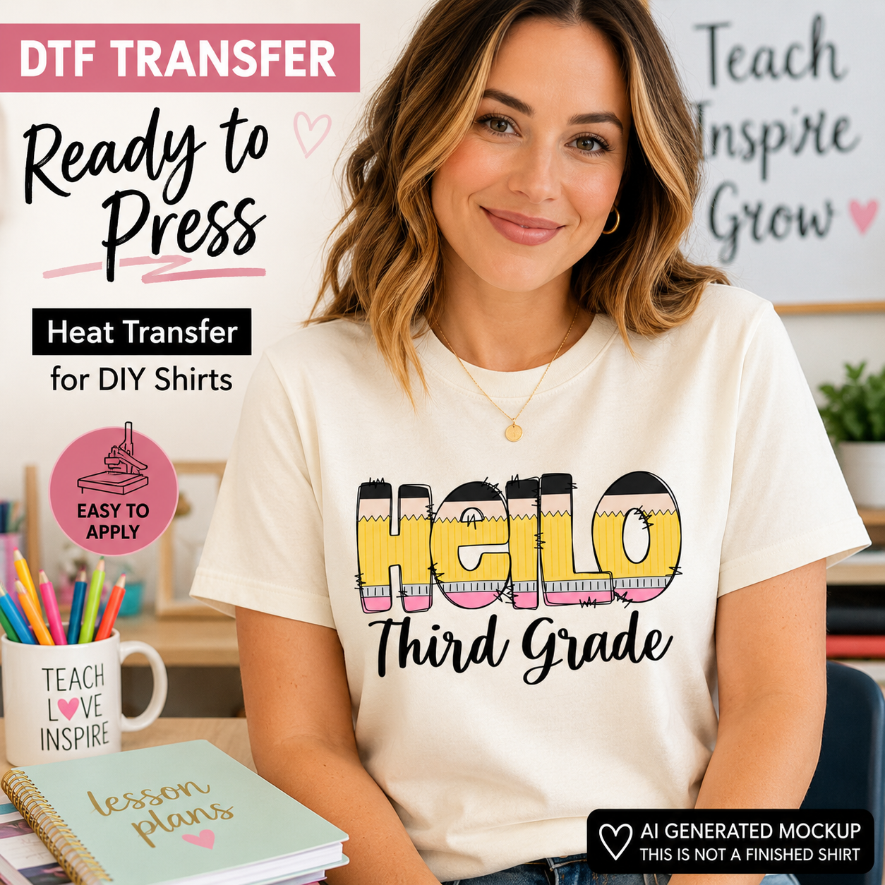 Woman wearing a 'Hello Third Grade' t-shirt with promotional text about DTF transfers.