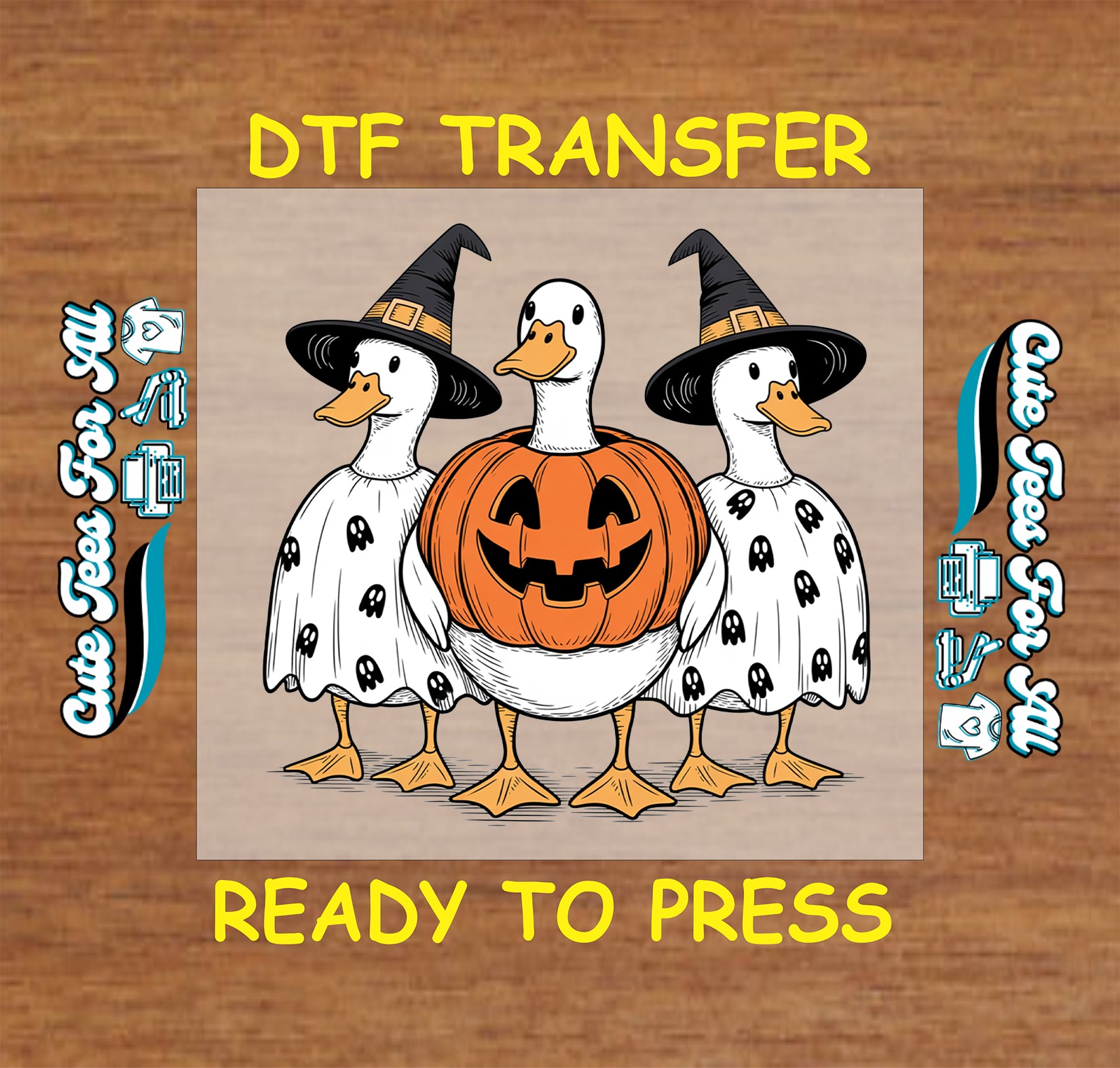 DTF transfer with three ducks dressed for Halloween: two in ghost costumes with witch hats and one in a pumpkin

