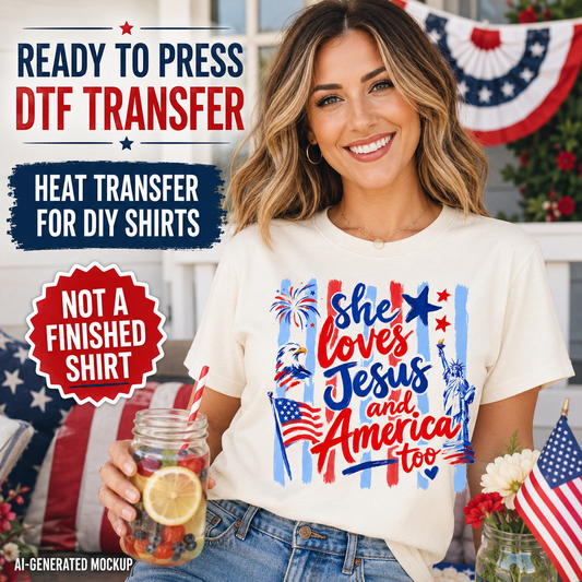 Woman wearing a t-shirt with 'She loves Jesus and America too' design, surrounded by American flags and patriotic decor.