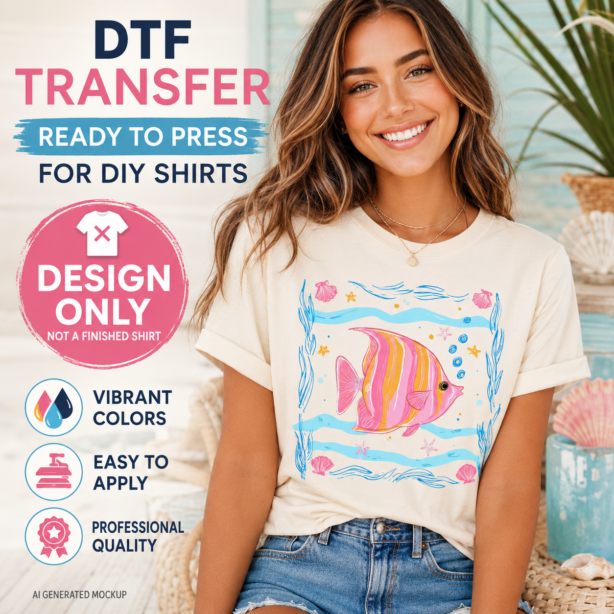 Woman wearing a t-shirt with a colorful fish design, surrounded by promotional text for DTF transfers.