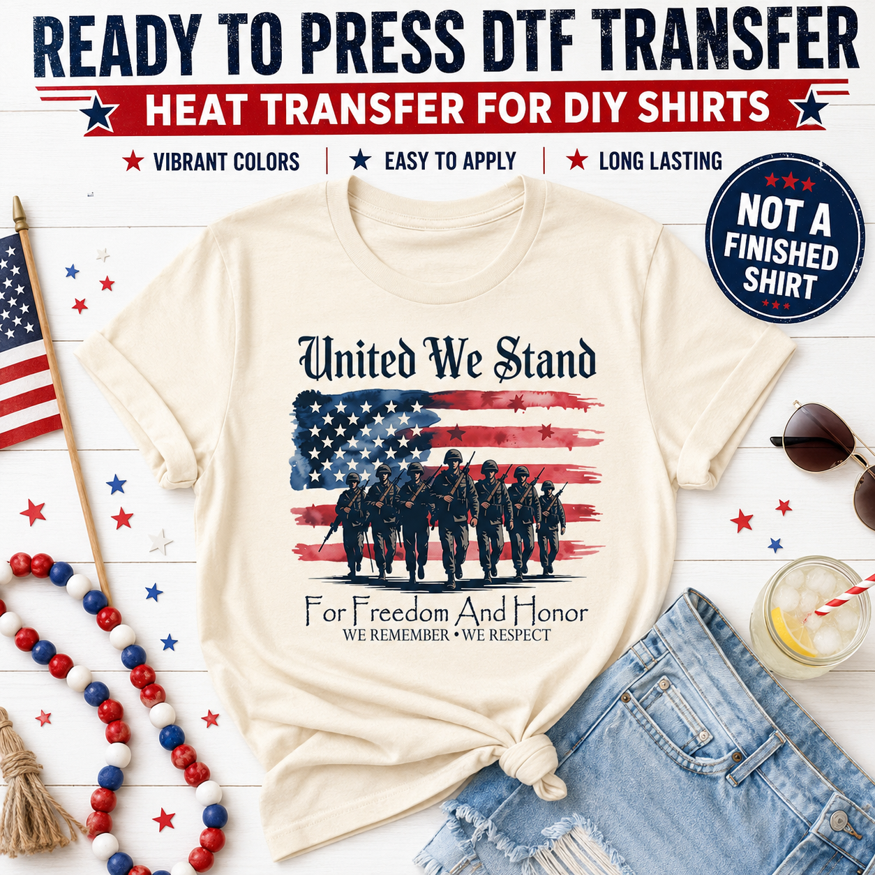 Beige t-shirt with American flag and soldier design, surrounded by patriotic items on a white background.