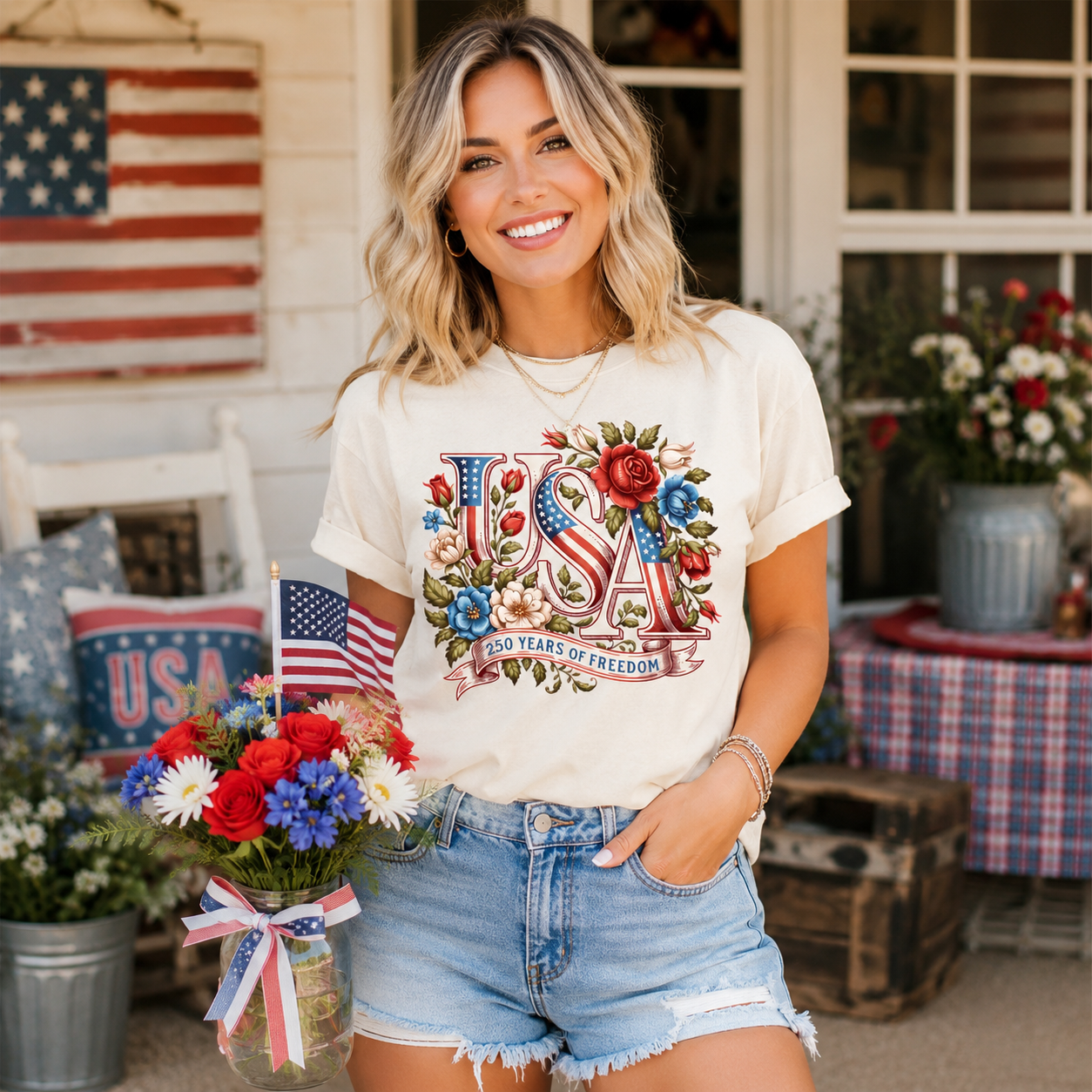 Lifestyle mockup of a cream shirt with a patriotic USA 250 Years of Freedom ready to press dtf graphic.