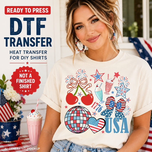 Woman wearing a white t-shirt with patriotic designs and text, with American flags and a milkshake in the background.