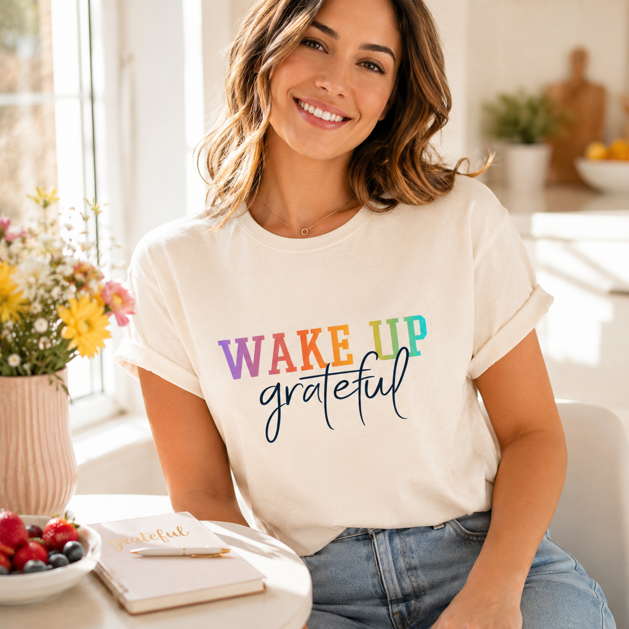 Lifestyle mockup of a cream shirt with an inspirational ready to press dtf graphic that says Wake Up Grateful.