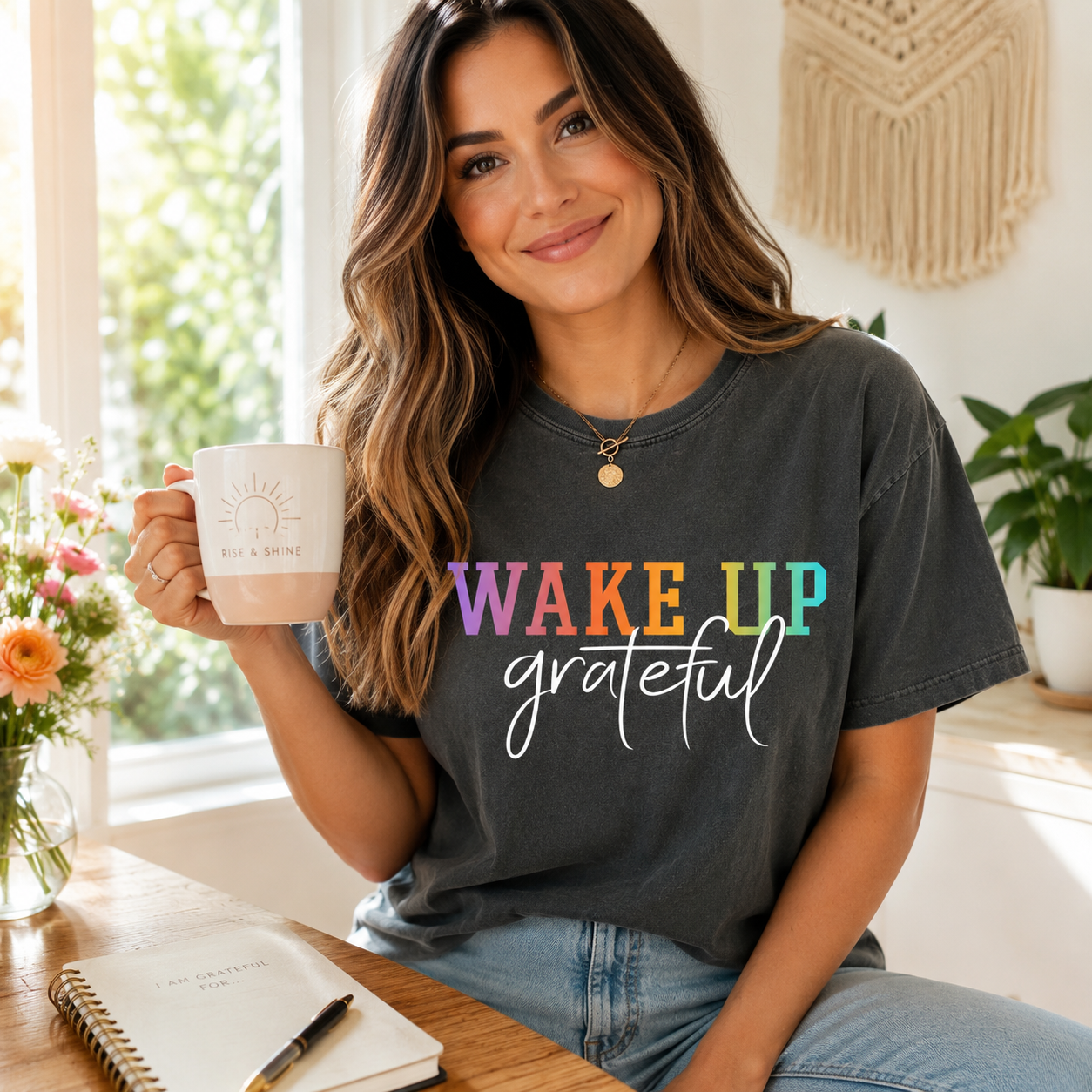 Lifestyle mockup of a black shirt with an inspirational ready to press dtf graphic that says Wake Up Grateful.
