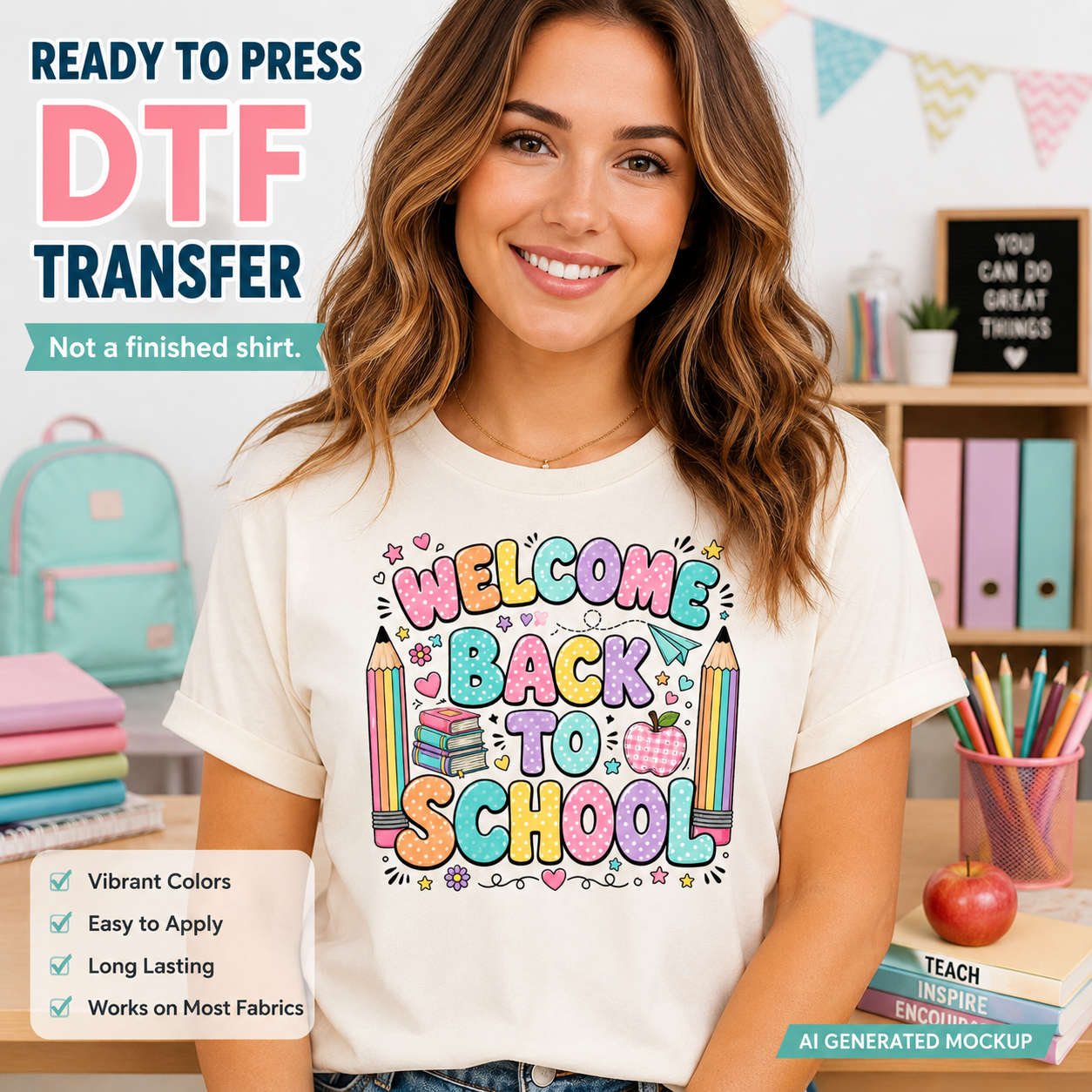 Woman wearing a 'Welcome Back to School' t-shirt with DTF transfer design, surrounded by school supplies.