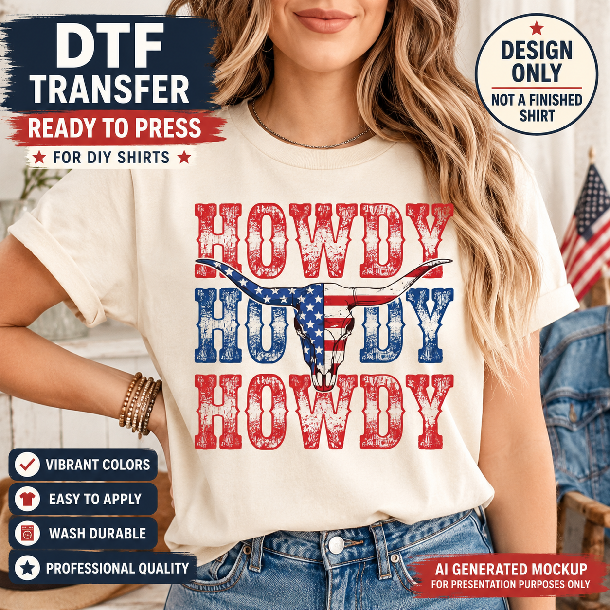 Woman wearing a t-shirt with 'Howdy' design and promotional text for DTF transfer