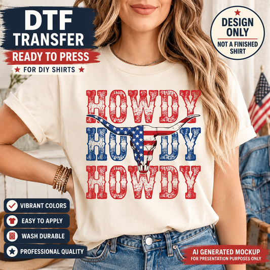 Woman wearing a t-shirt with 'Howdy' design and promotional text for DTF transfer